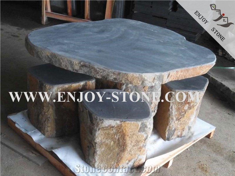 Honed, Zhangpu Bluestone/Basalt, Table Set with Four Chairs