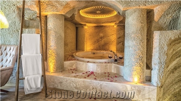 Burdur Beige Botanica Marble Bathroom Design