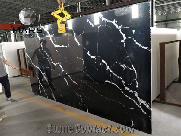 Black Marquina Artificial Quartz Stone Slab with White Vein