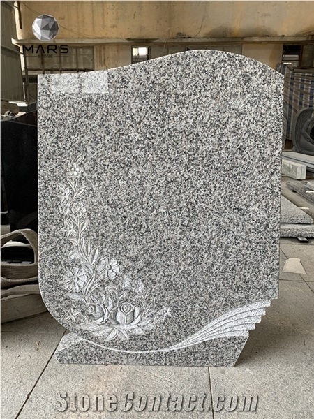 China Cheap Grey Granite G623 Headstone with Carved Flower