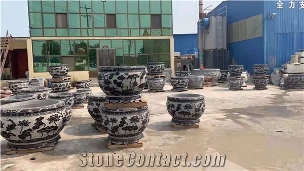 G654 Black Granite Round Garden Relief Flower Planters