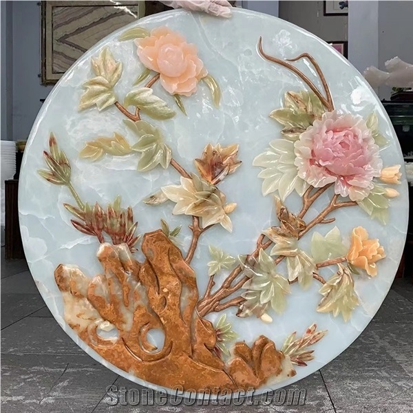 Round Onyx Carving Flower Pattern for Interior Wall Decor