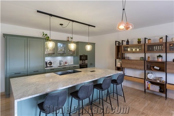 Bianco Carrara Marble Kitchen Countertop, Island Top