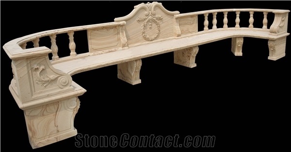 Carved Stone Outdoor Beige Marble Bench & Garden Tables