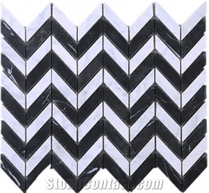Chevron Black Marquina & Carrara Wave Marble Mosaic Tile