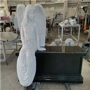 White Jade Marble Angel Black Granite Memorial Headstone