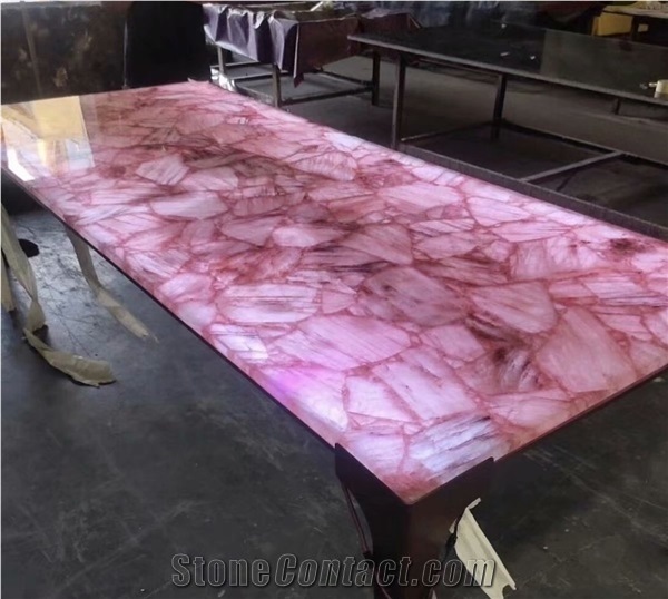 Backlit Pink Rosa Crystal Quartz Semiprecious Gemstone Slab