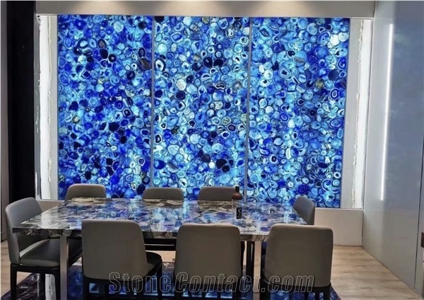 Backlit Semiprecious Blue Agate Natural Gemstone Tops