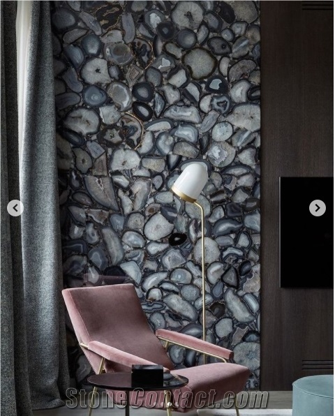 Luxury Semiprecious Gemstone Black Agate Slab for Countertop