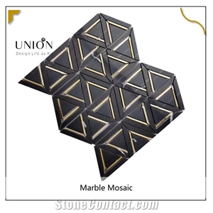Black Marble Triangle Pattern with Golden Metal Mosaic Tiles