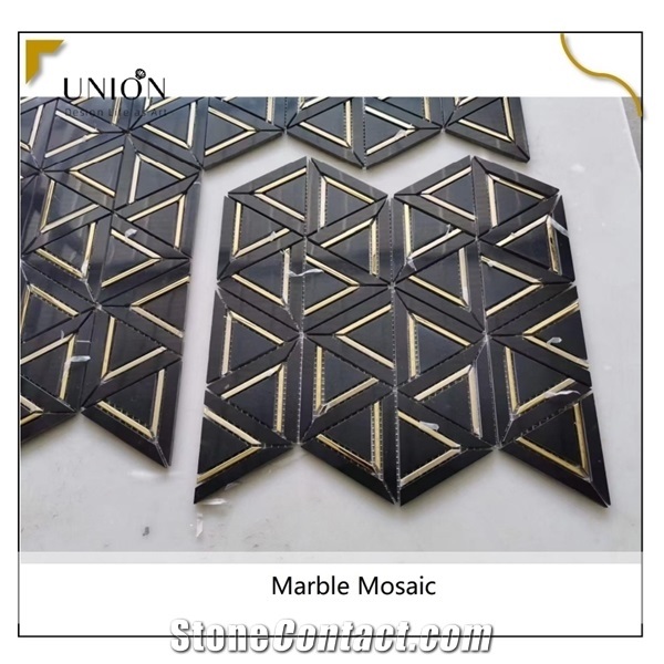 Black Marble Triangle Pattern with Golden Metal Mosaic Tiles