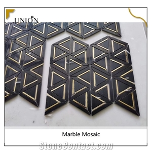 Black Marble Triangle Pattern with Golden Metal Mosaic Tiles