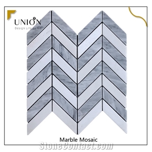 Italian Bianco White Carrera Thassos Marble Chevron Mosaic