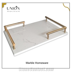 Natural White Marble Tea Tray Jewelry Plate with Gold Handle Natural White Marble Tea Tray Jewelry Plate with Gold Handle