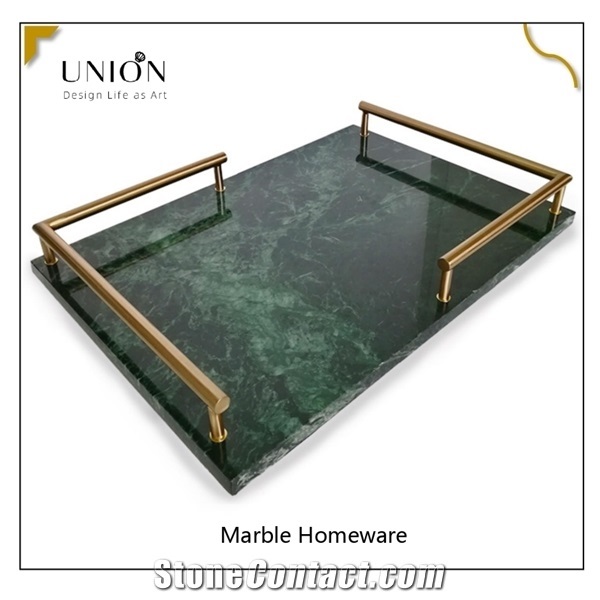 Natural White Marble Tea Tray Jewelry Plate with Gold Handle