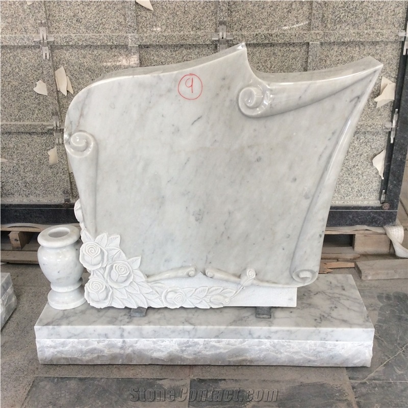 Carrara White Marble Scroll Design Carved Rose Monument