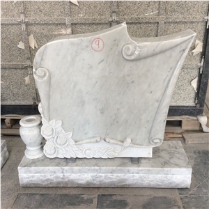 Carrara White Marble Scroll Design Carved Rose Monument