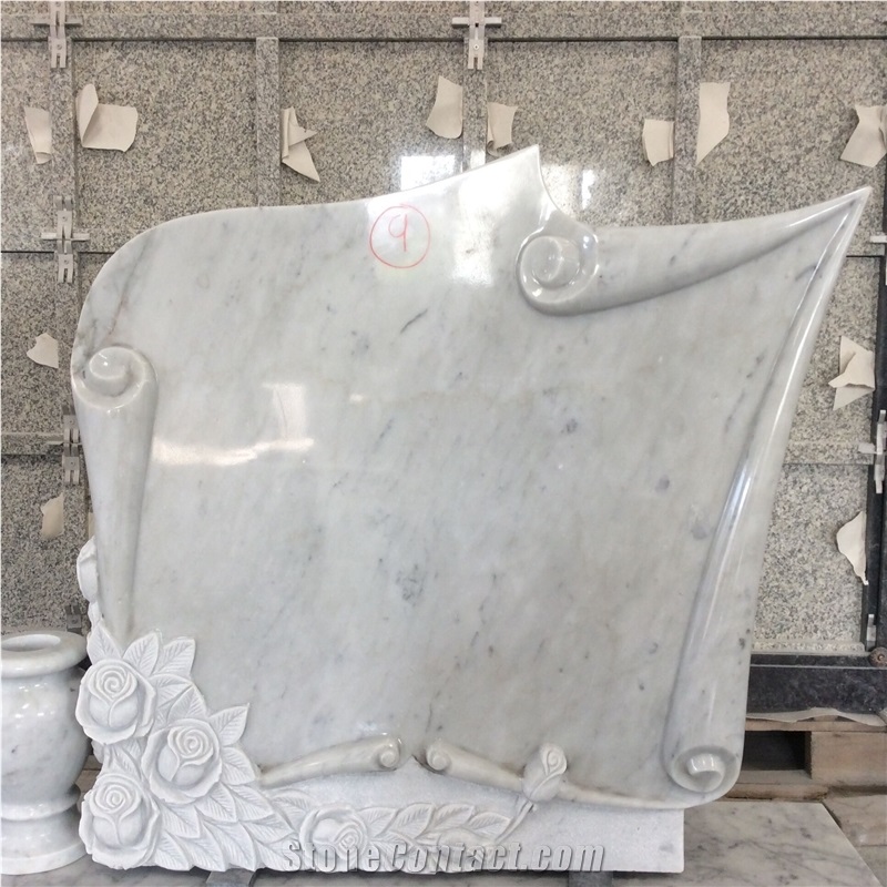 Carrara White Marble Scroll Design Carved Rose Monument