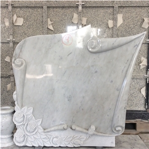 Carrara White Marble Scroll Design Carved Rose Monument