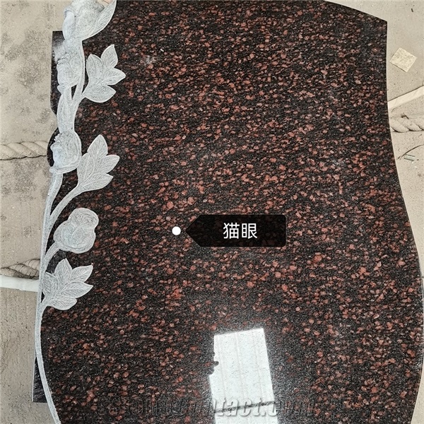 Cats Eye Red Granite Carved Flower Headstone Factory Price