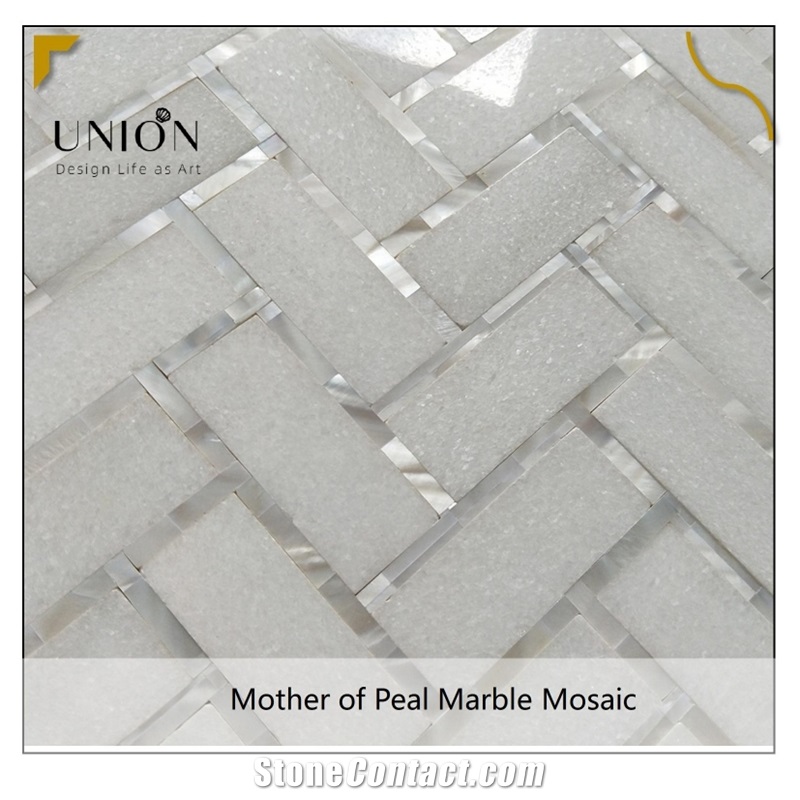 Herringbone Shape Marble Mixed Mother of Pearl Design Tiles