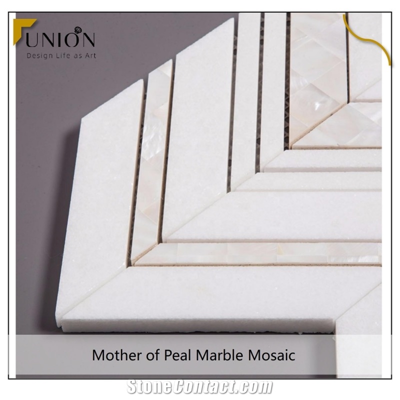 Mother Of Pearl Shell Mix White Marble Stone Herringbone Til