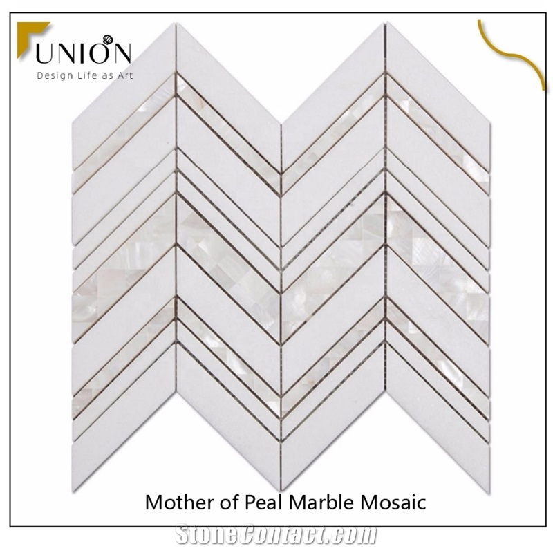 Mother Of Pearl Shell Mix White Marble Stone Herringbone Til