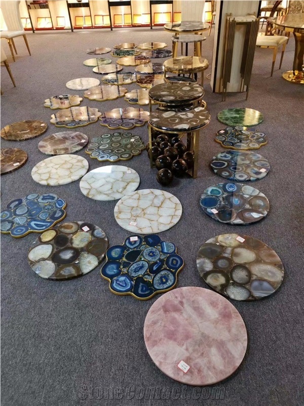 Copper Base Side Table Onyx Gemstone Marble Top Slab