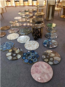 Copper Base Side Table Onyx Gemstone Marble Top Slab