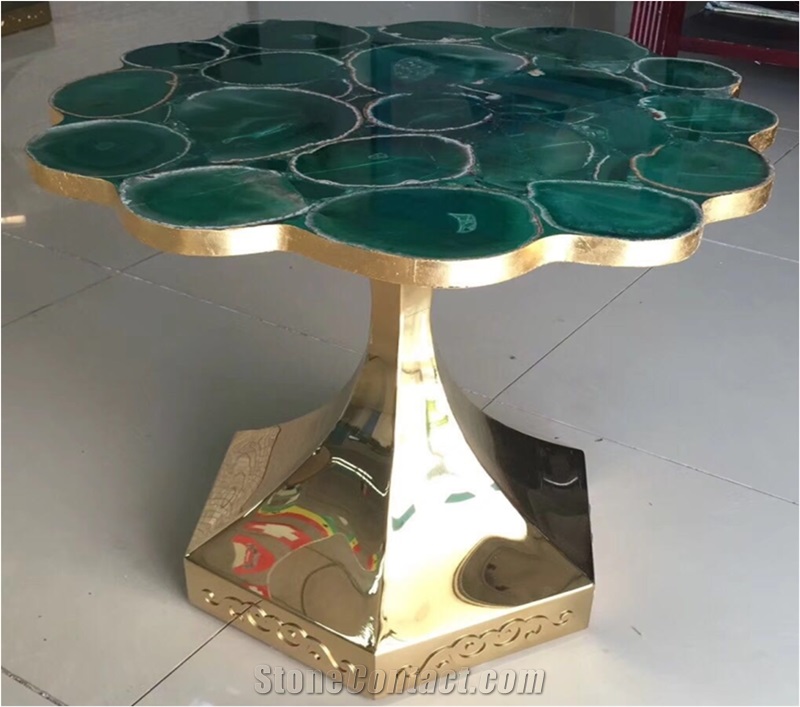 Copper Base Side Table Onyx Gemstone Marble Top Slab