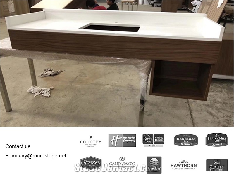 Hotel Bathroom White Quartz Surface Vanity Top