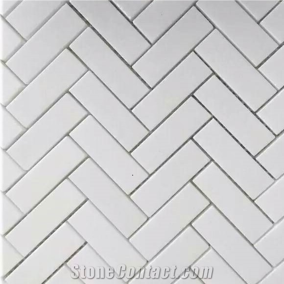 Crystallized Glass Thassos Herringbone Mosaic Tile