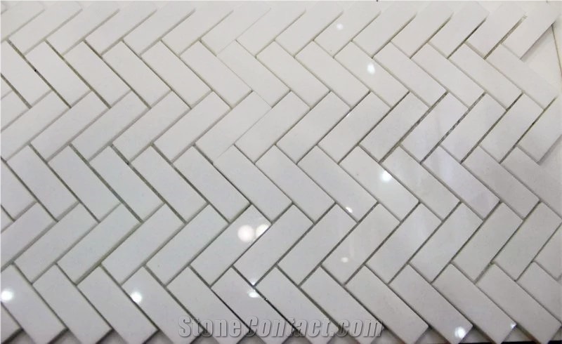Crystallized Glass Thassos Herringbone Mosaic Tile