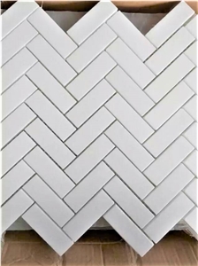 Crystallized Glass Thassos Herringbone Mosaic Tile