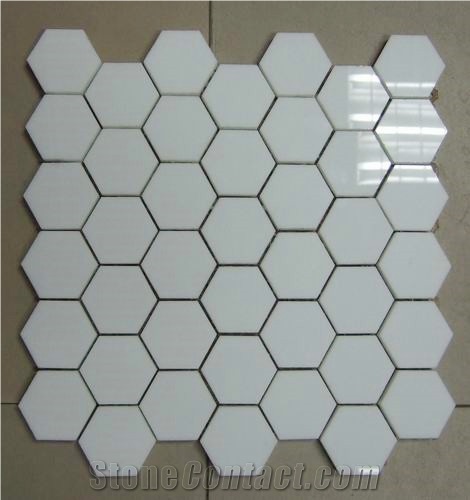 Crystallized Glass Thassos Herringbone Mosaic Tile