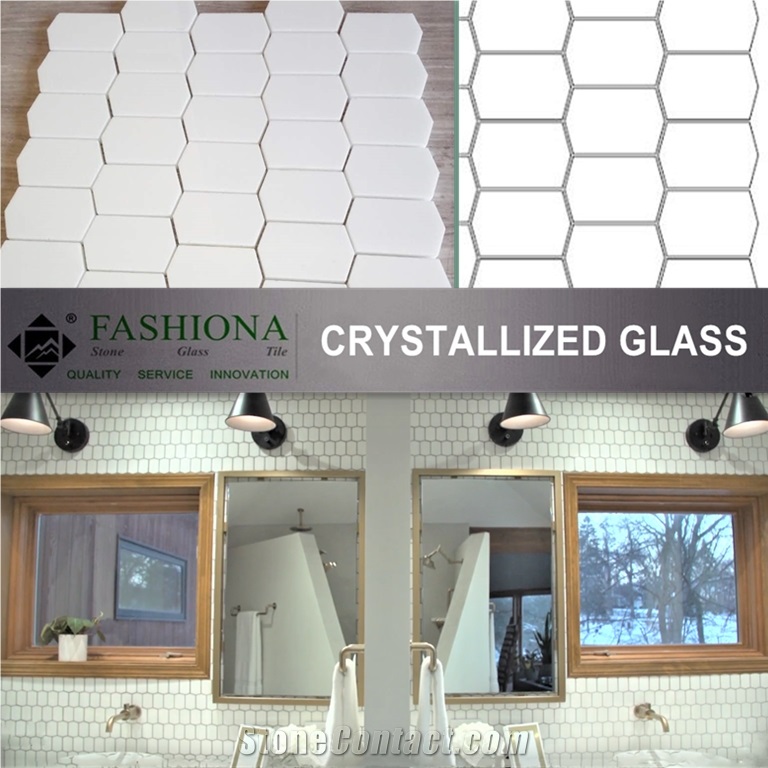 Herringbone Crystallized Thassos Glass Stone Mosaic