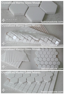 Herringbone Crystallized Thassos Glass Stone Mosaic