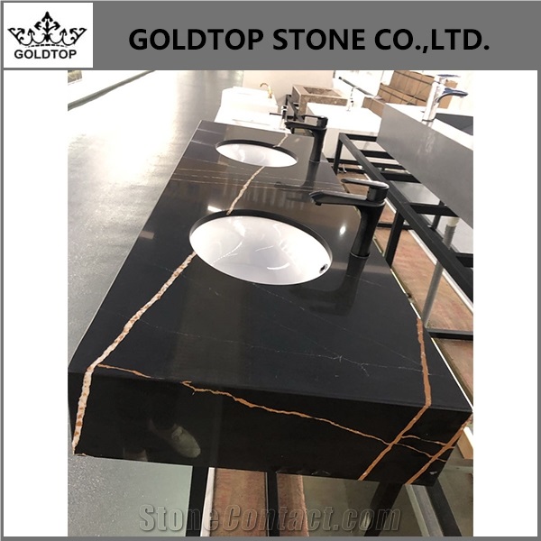 Black Quartz Stone Bathroom Vanity Double Sink Counter Top