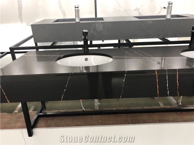 Black Quartz Stone Bathroom Vanity Double Sink Counter Top