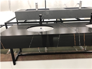 Black Quartz Stone Bathroom Vanity Double Sink Counter Top
