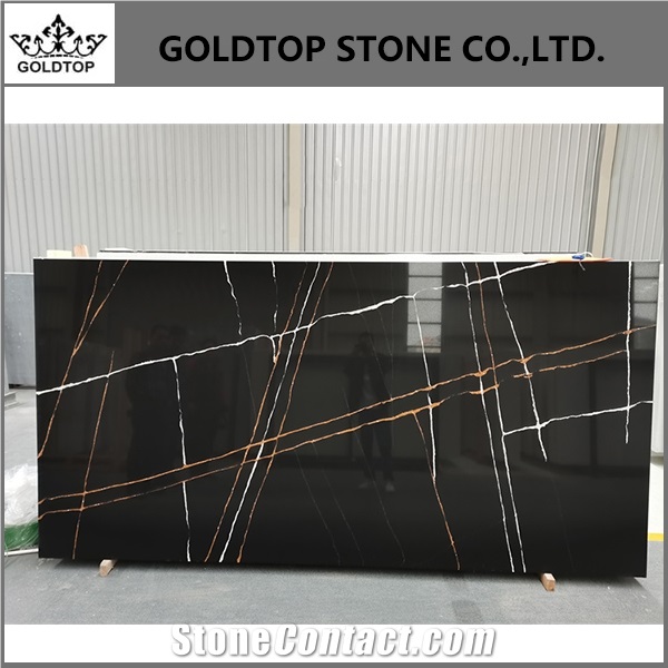 Black Quartz With Gold Veins Slab Stone For Wall Cover