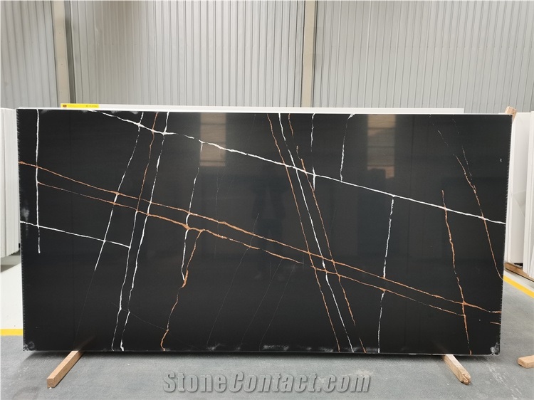 Black Quartz With Gold Veins Slab Stone For Wall Cover