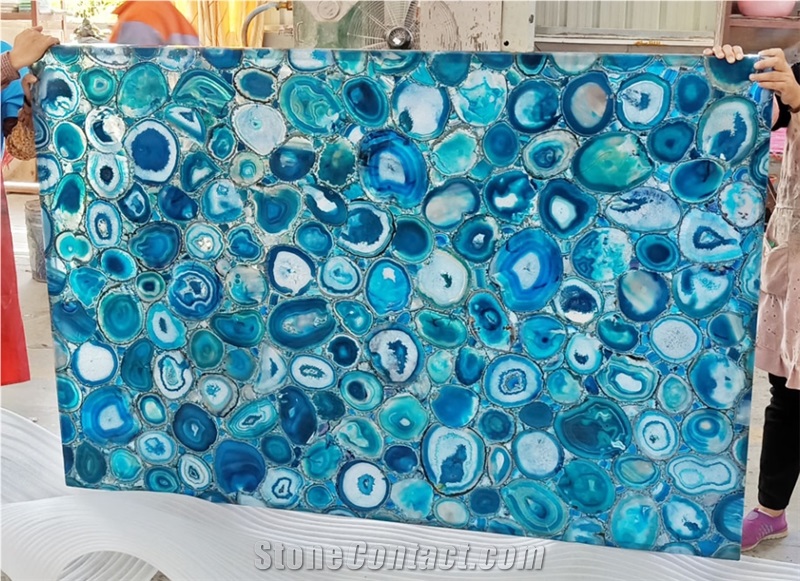Blue agate semiprecious backlit stone tiles bathroom