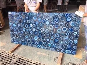 Blue agate semiprecious backlit stone tiles bathroom