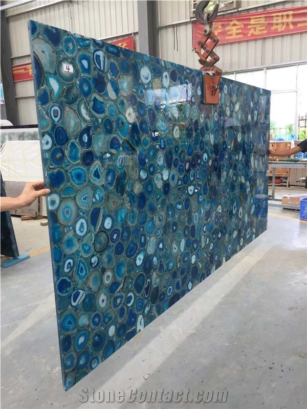 Blue agate semiprecious backlit stone tiles bathroom