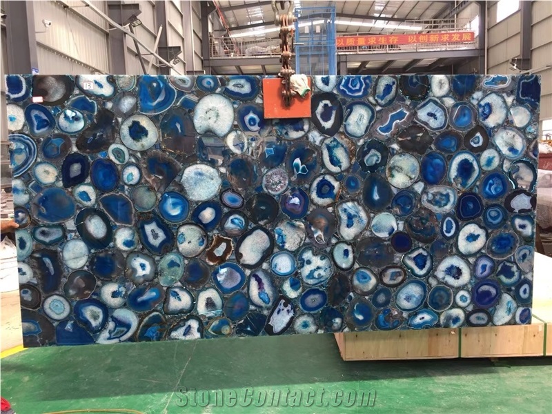Blue agate semiprecious backlit stone tiles bathroom