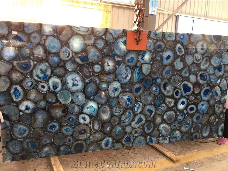 Blue agate semiprecious backlit stone tiles bathroom
