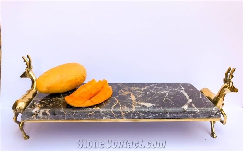 Golden Black tray with deer bronze stand
