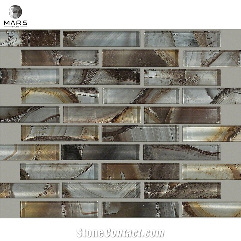 2021 Popular Backsplash Natural Mable Strip Glass Mosaic