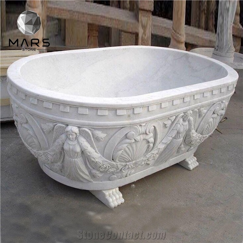 Angle White Natural Marble Stone Large Capacity Bath Tub
